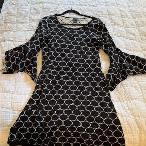 Gabby Skye Black Dress with Cream Circle Print and Bell Sleeves